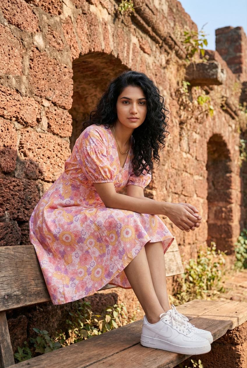 Pink V-Neck Floral Printed Puff Sleeves Cotton A-Line Dress For Women