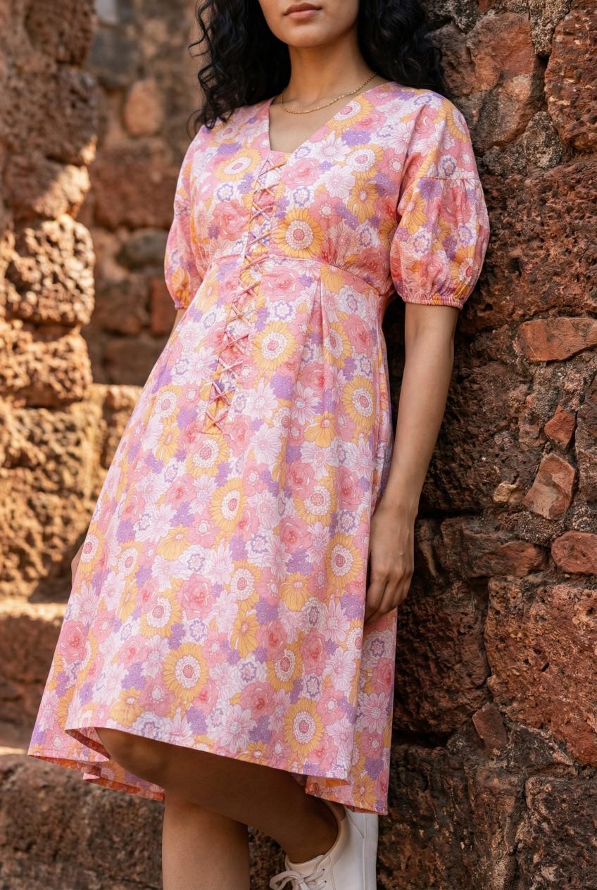 Pink V-Neck Floral Printed Puff Sleeves Cotton A-Line Dress For Women