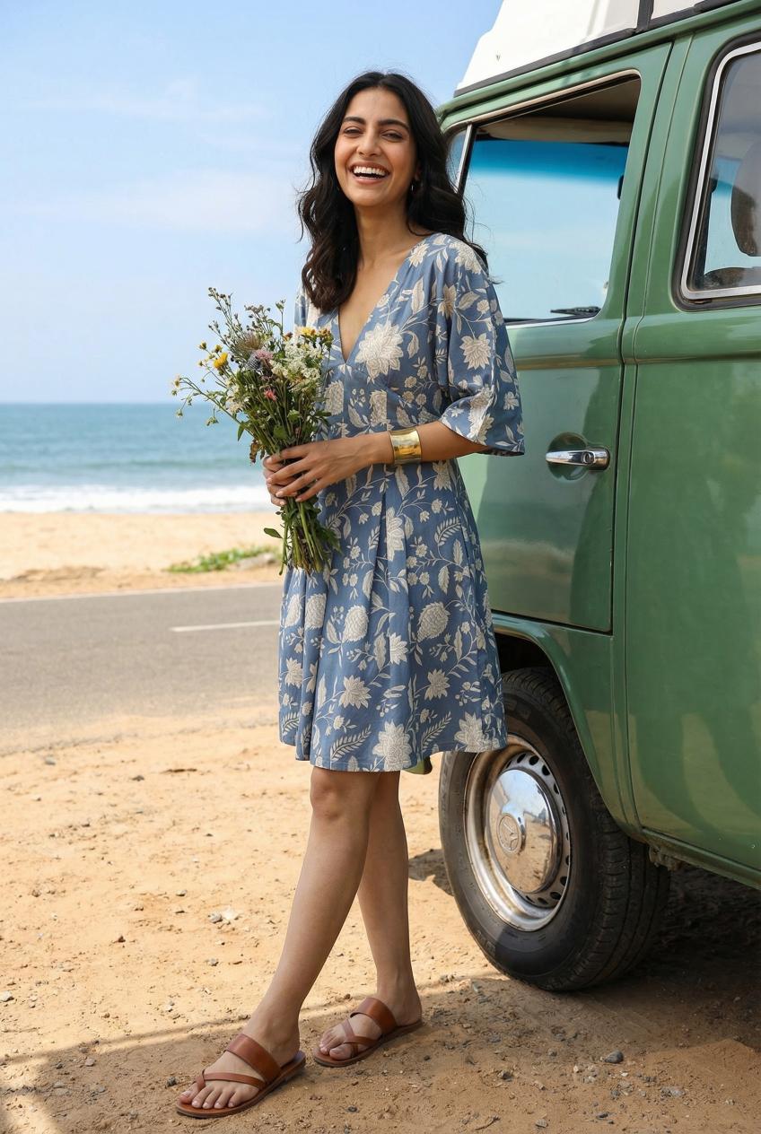 Grey Floral Printed Cotton Pleated Fit & Flare Dress For Women