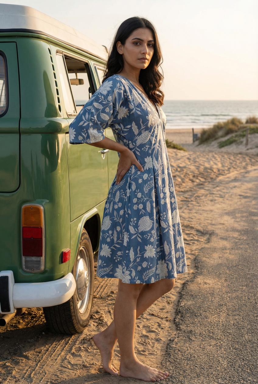 Grey Floral Printed Cotton Pleated Fit & Flare Dress For Women