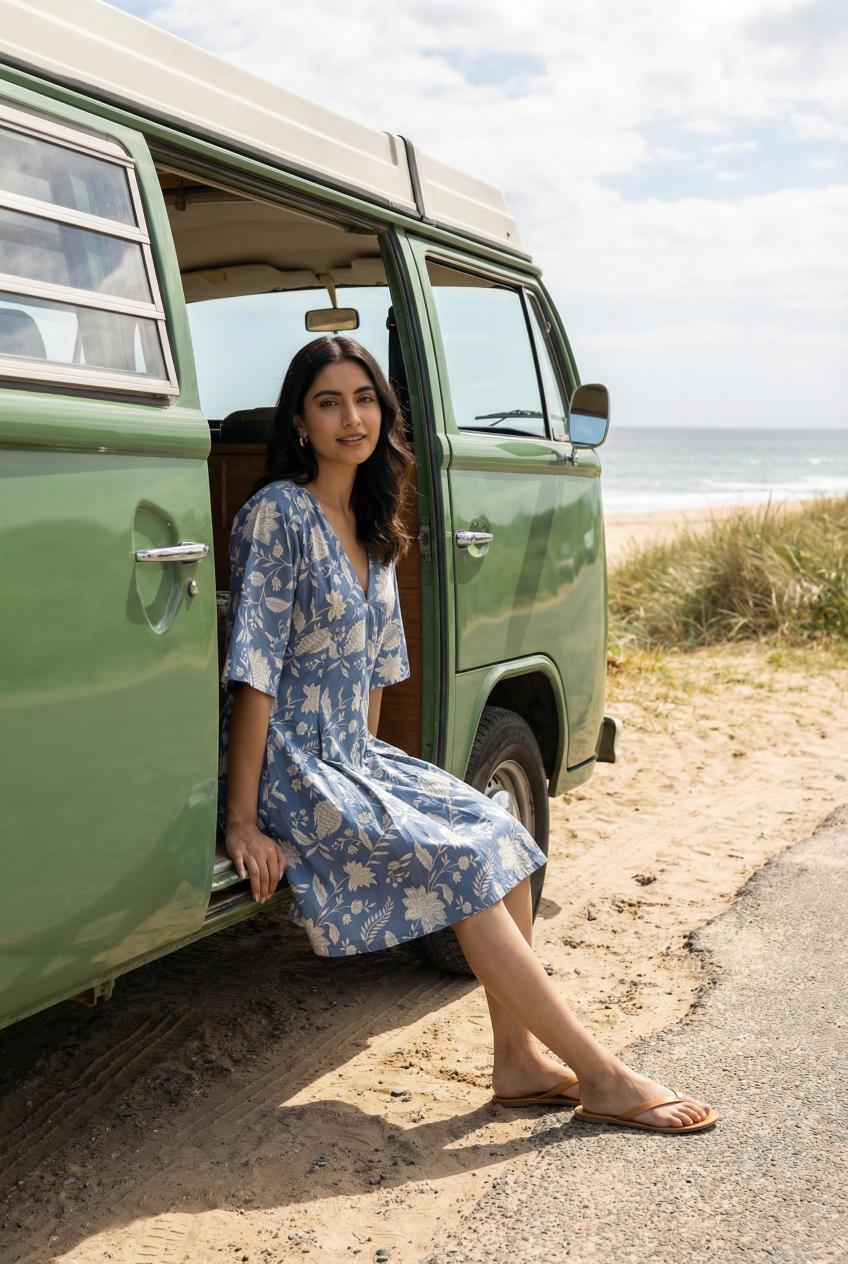 Grey Floral Printed Cotton Pleated Fit & Flare Dress For Women