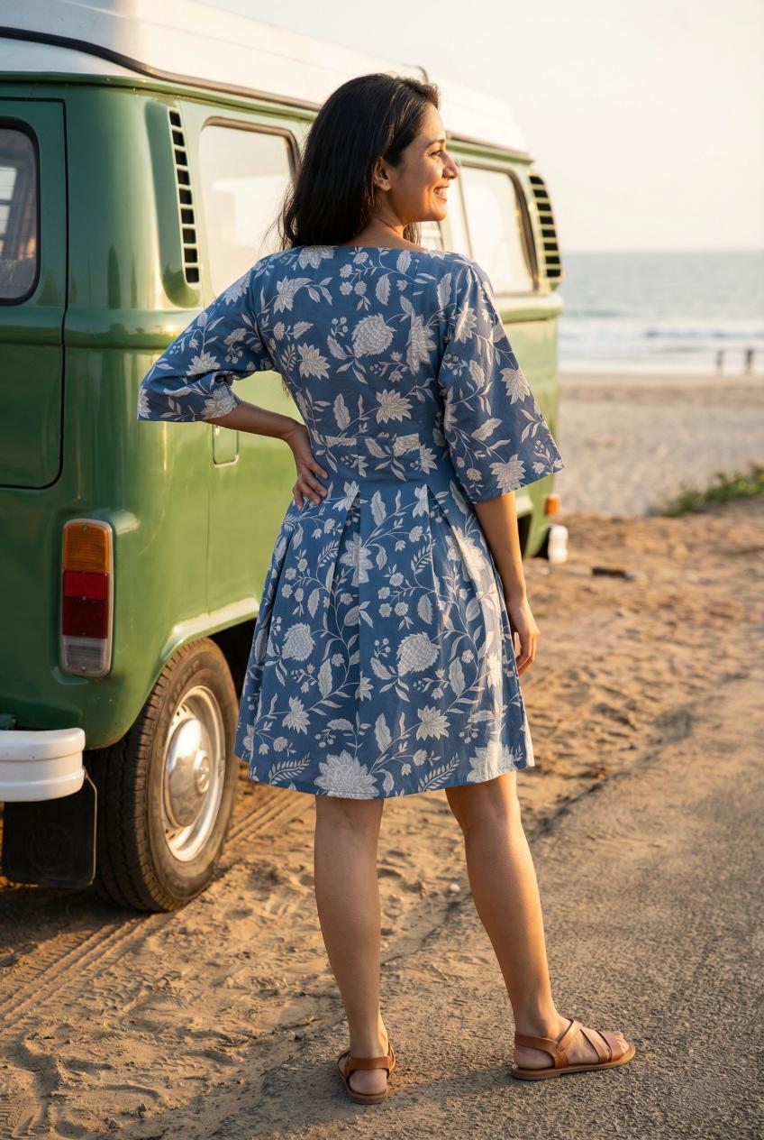 Grey Floral Printed Cotton Pleated Fit & Flare Dress For Women