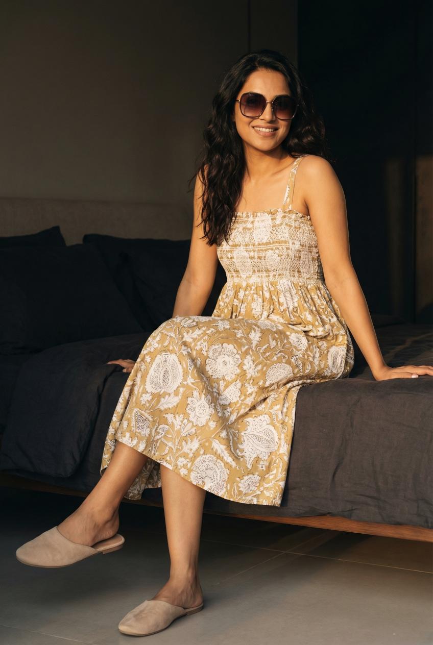 Tan Floral Print Square Neck Cotton Dress For Women