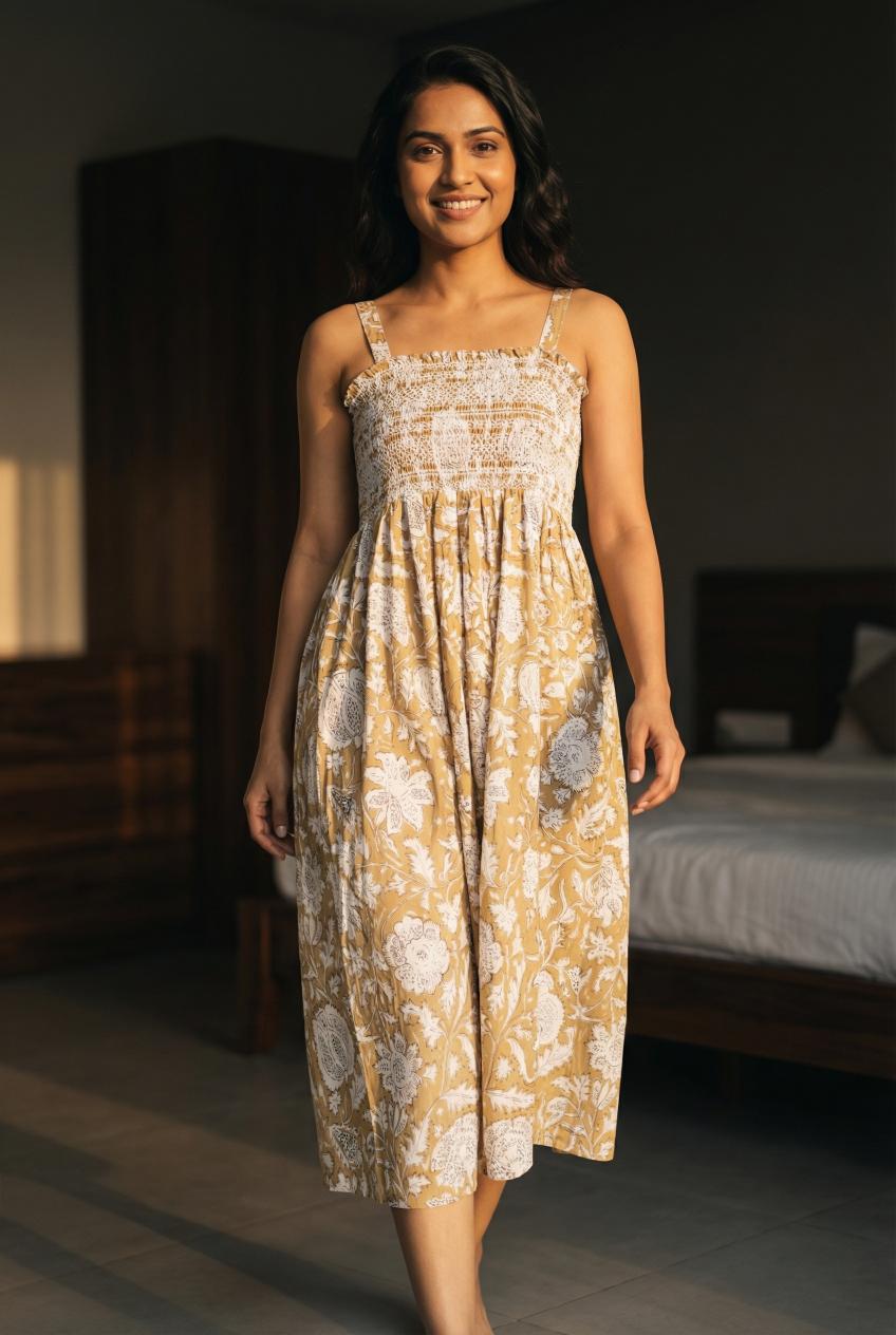 Tan Floral Print Square Neck Cotton Dress For Women
