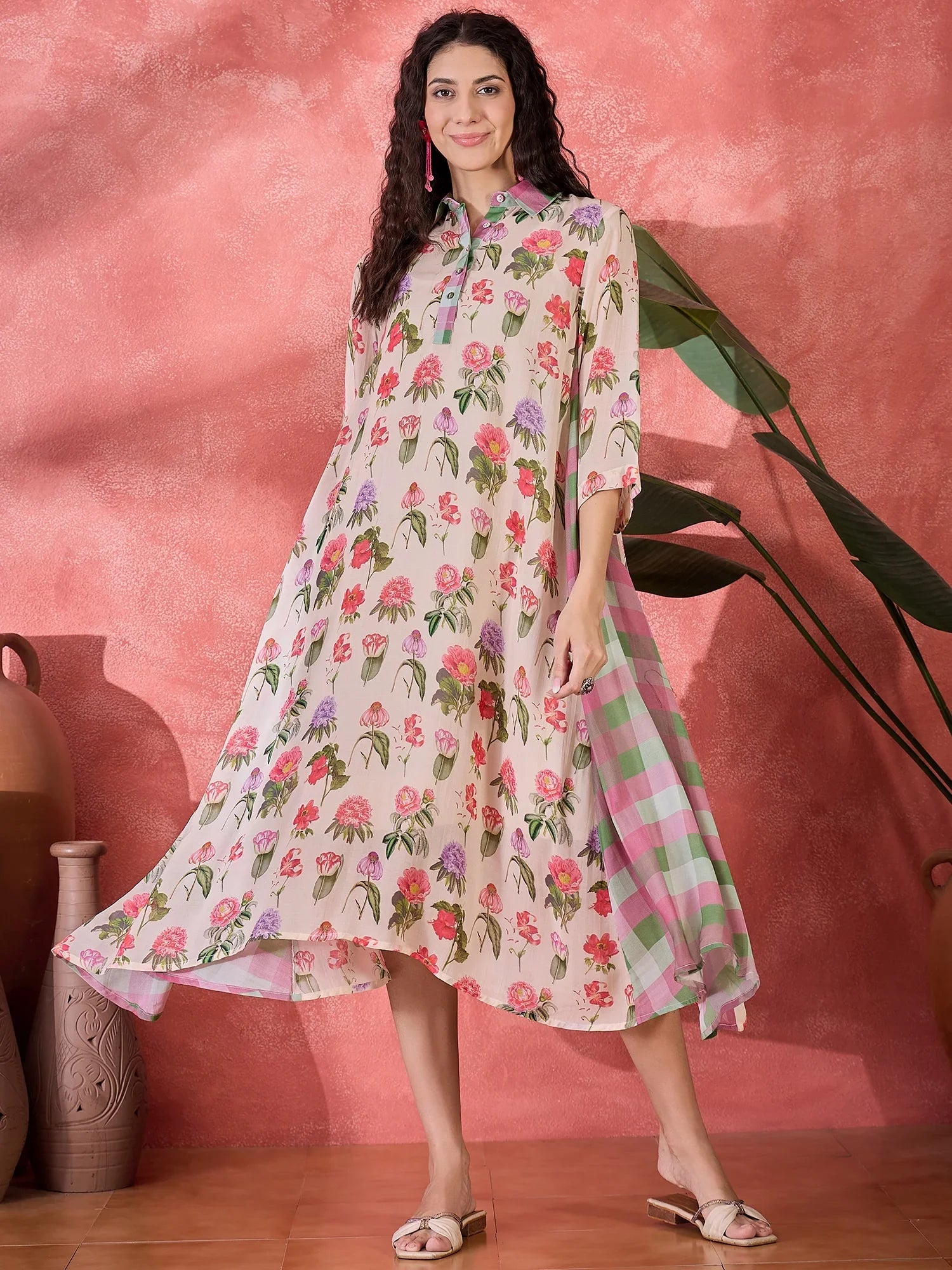 Pink Floral Printed Cotton Dress for Women - SanskrutiHomes
