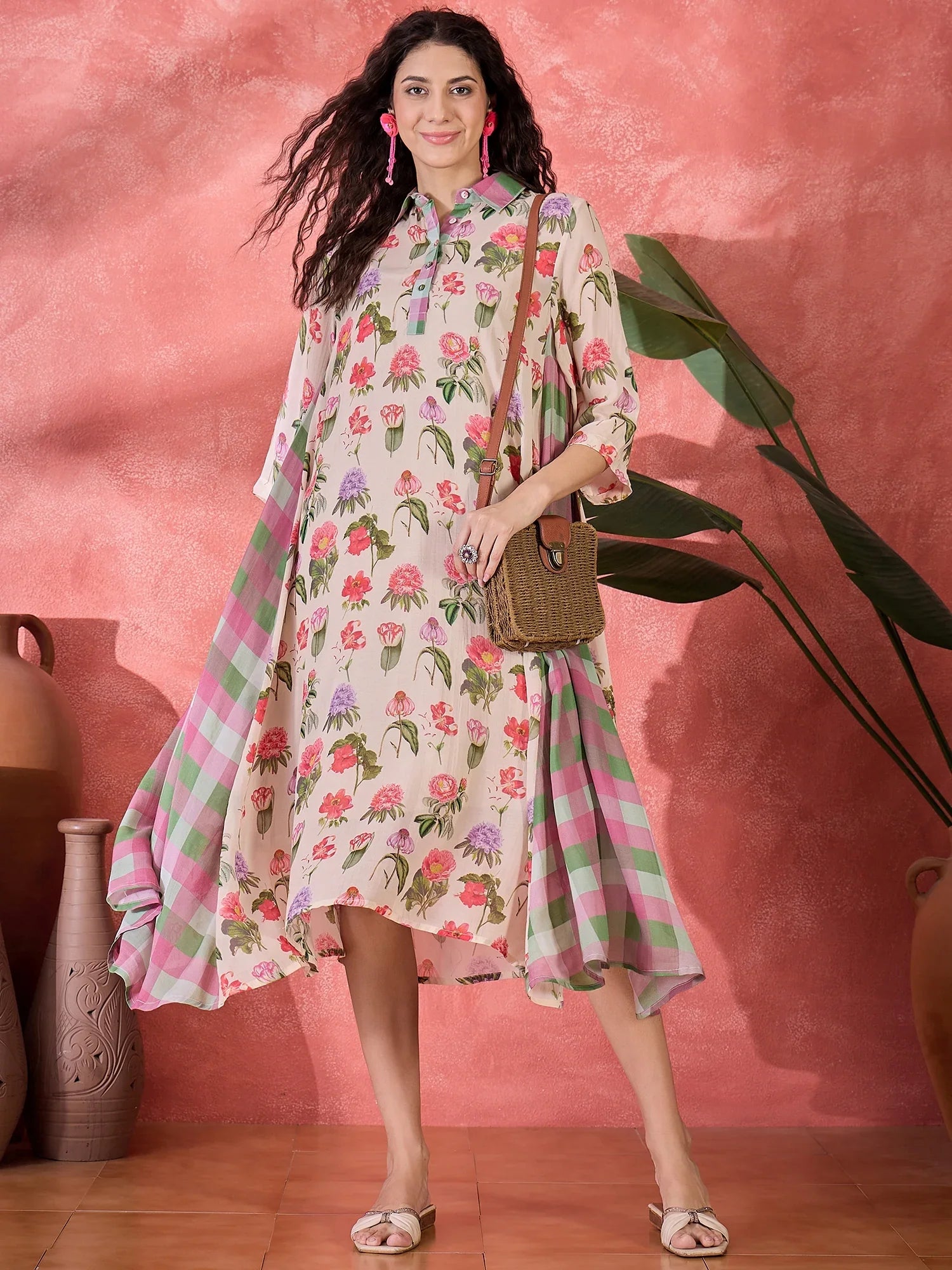 Pink Floral Printed Cotton Dress for Women - SanskrutiHomes