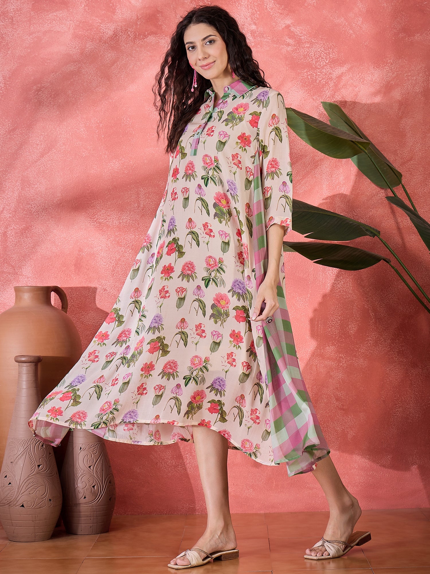 Pink Floral Printed Cotton Dress for Women