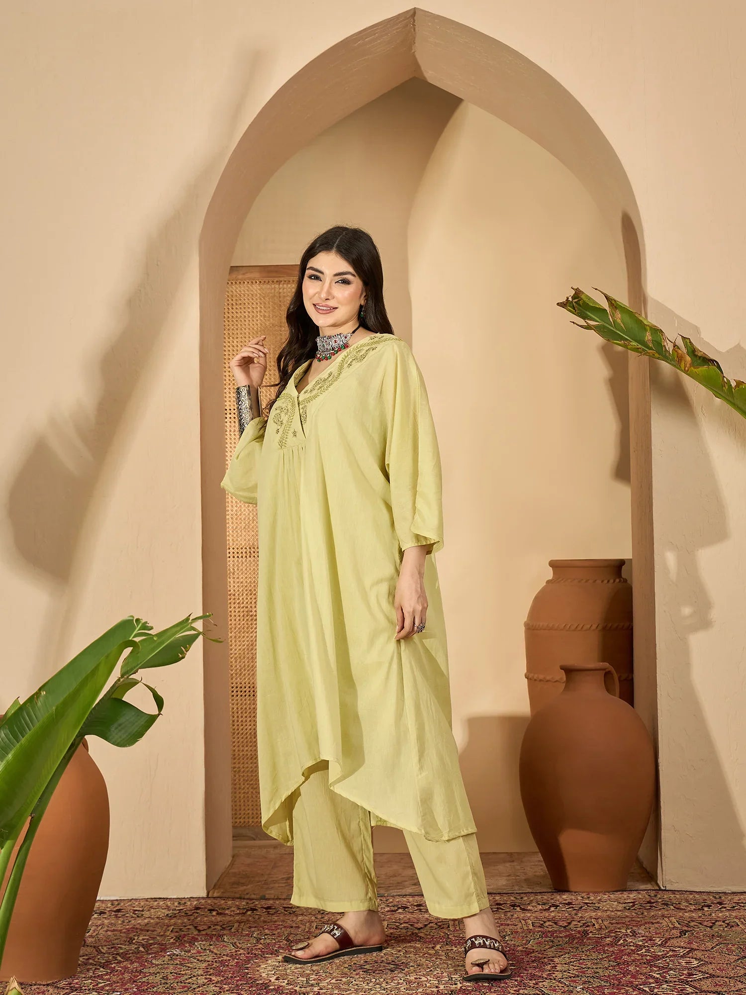 Lime Green V-Neck Pure Cotton Co-ords Set for Women - SanskrutiHomes