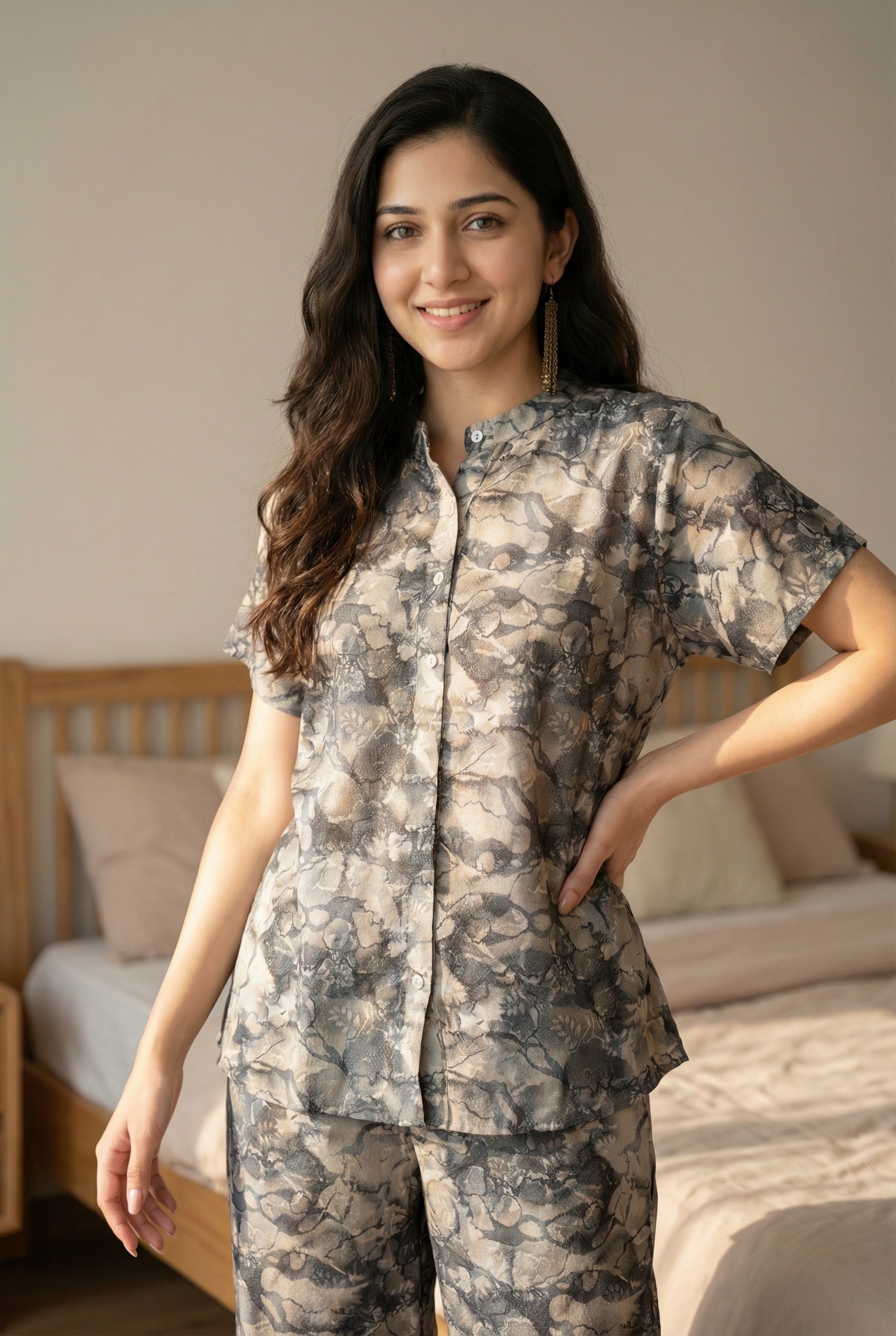 Grey Abstract Print Round Neck Pure Cotton Co-Ord Set For Women