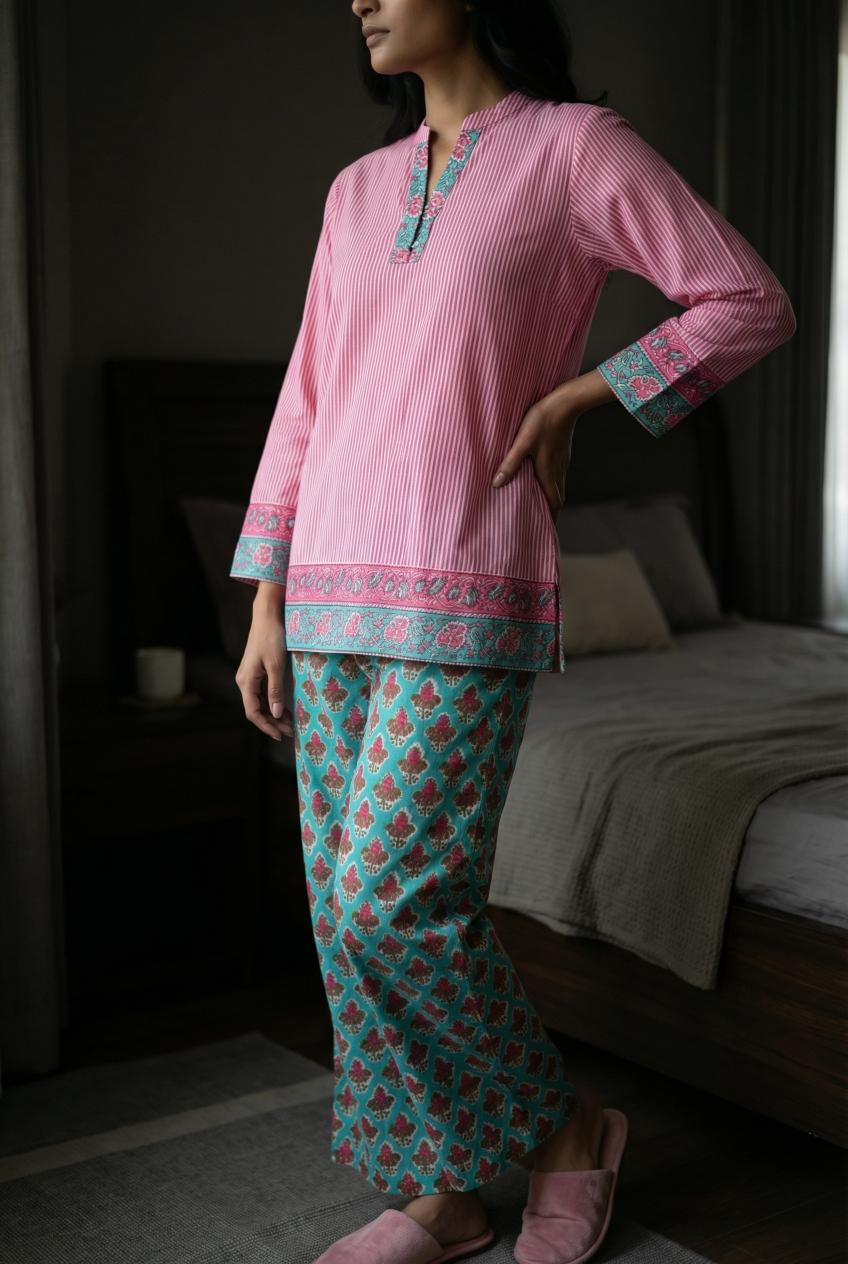 Pink Color Round Neck Stripes Printed Co-Ords Set