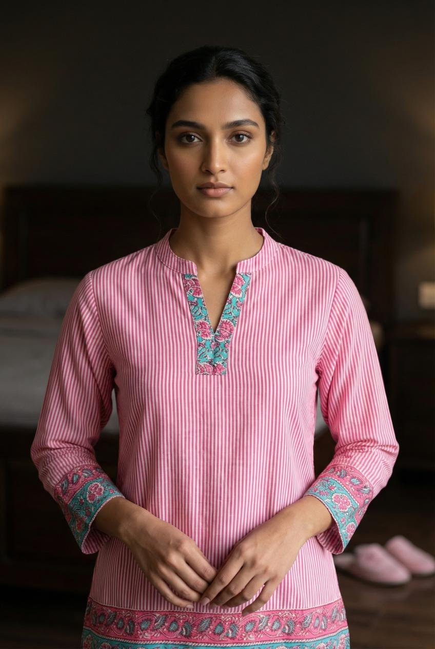 Pink Color Round Neck Stripes Printed Co-Ords Set