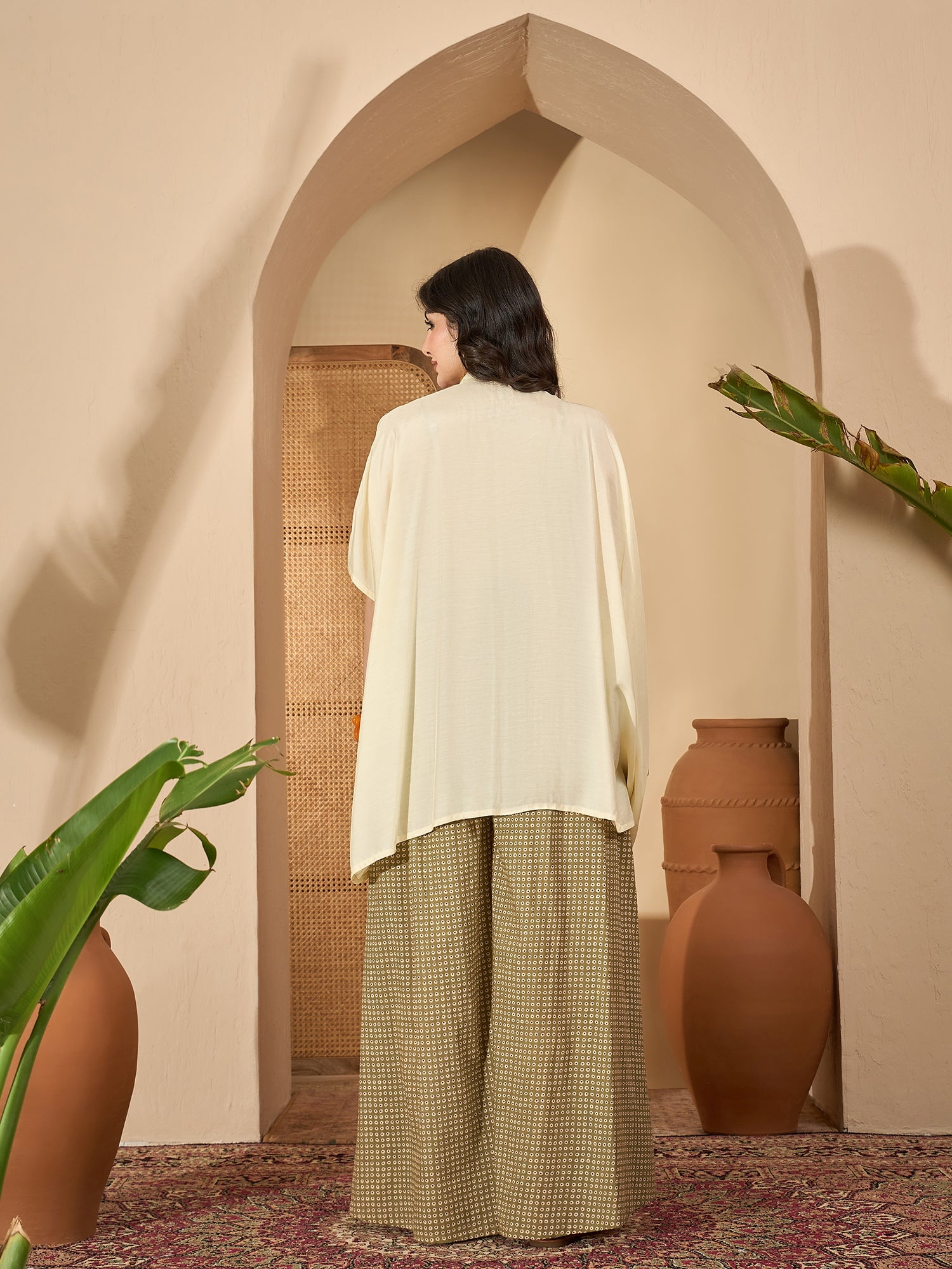 Cream Round Neck Viscose Rayon Co-ords Set for Women