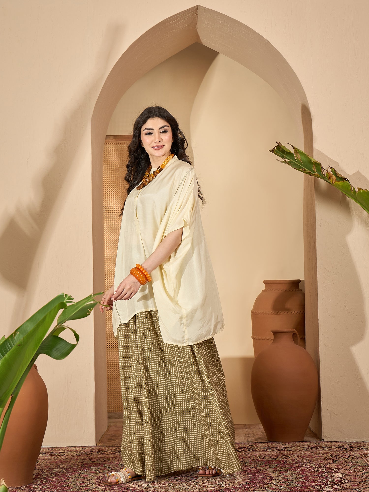 Cream Round Neck Viscose Rayon Co-ords Set for Women