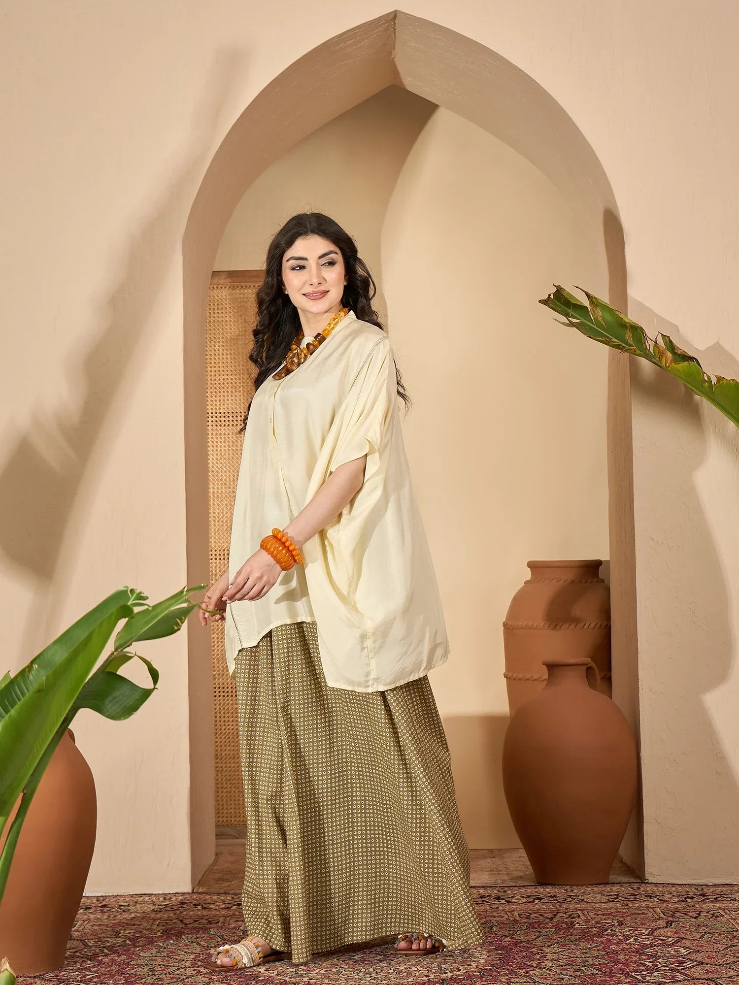 Cream Round Neck Viscose Rayon Co-ords Set for Women - SanskrutiHomes