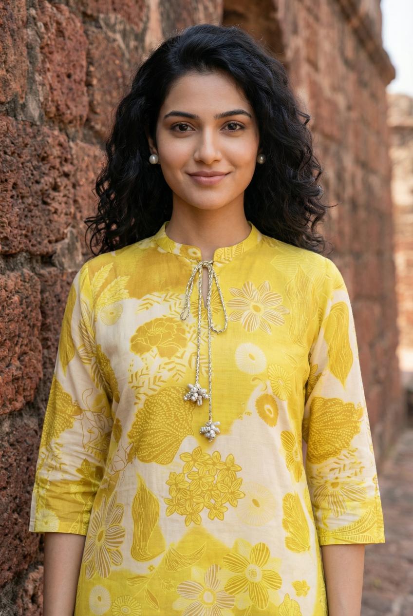 Yellow Floral Print Round Neck Silk Blend Straight Kurta Set For Women