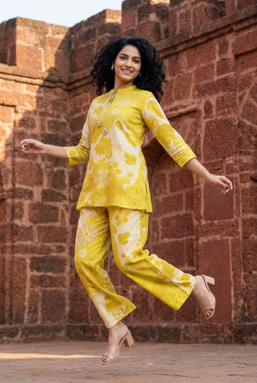 Yellow Floral Print Round Neck Silk Blend Straight Kurta Set For Women