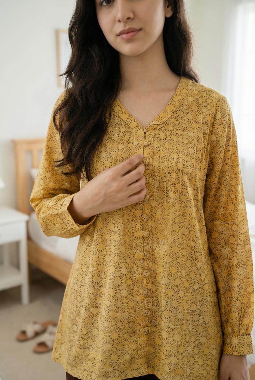 Yellow Floral Print V Neck Top With Trousers Set