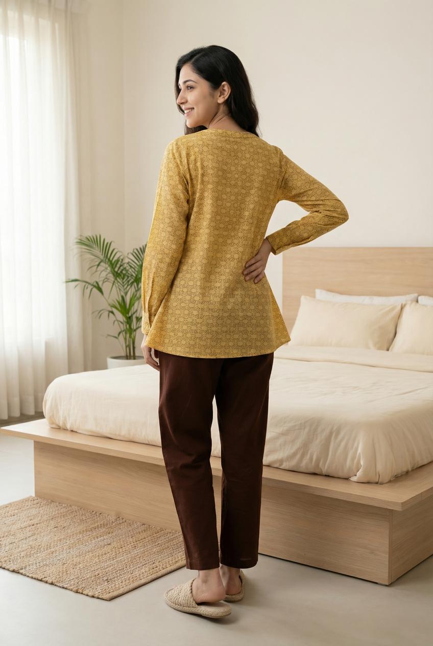 Yellow Floral Print V Neck Top With Trousers Set