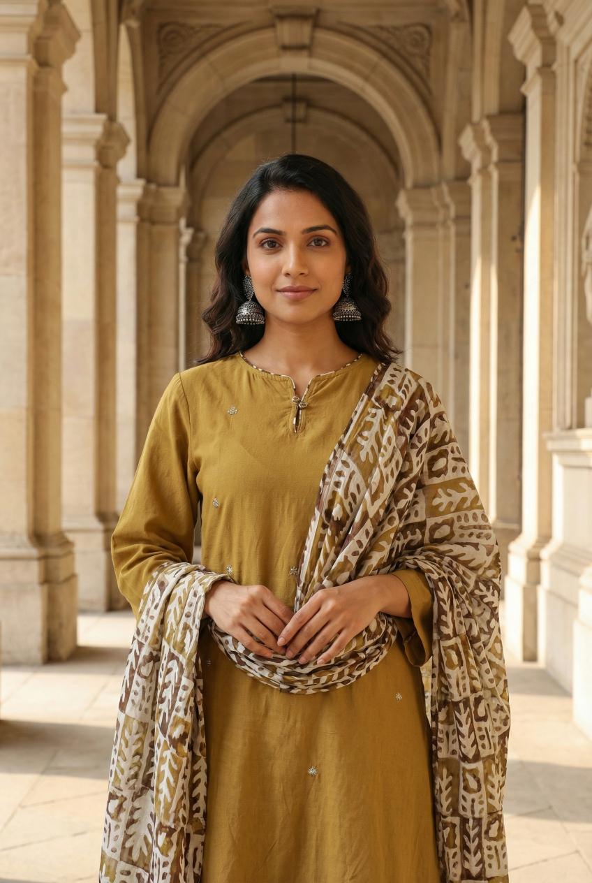 Mustered Round Neck Solid Print Cotton Kurta Set For Women