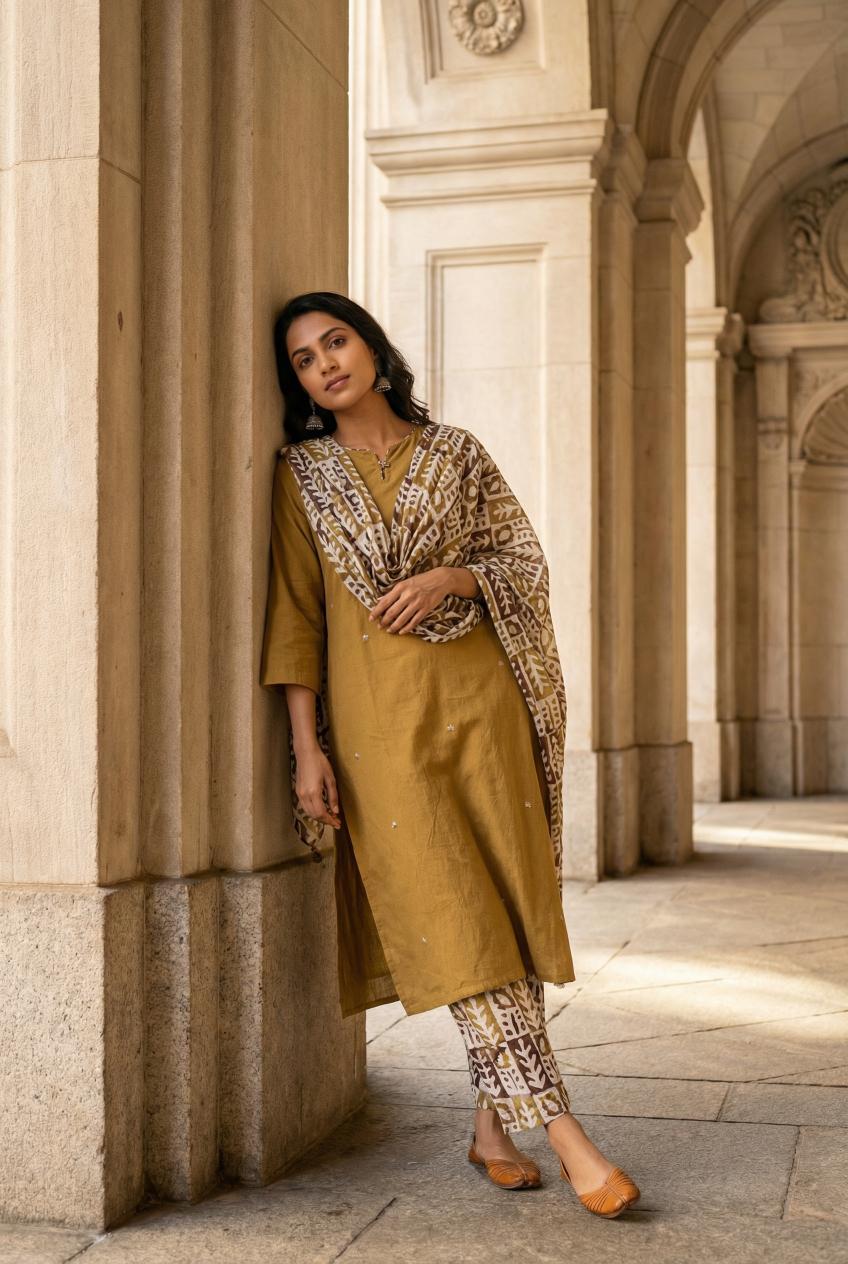 Mustered Round Neck Solid Print Cotton Kurta Set For Women