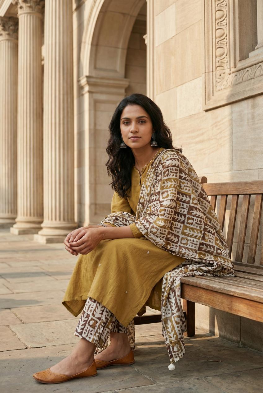 Mustered Round Neck Solid Print Cotton Kurta Set For Women