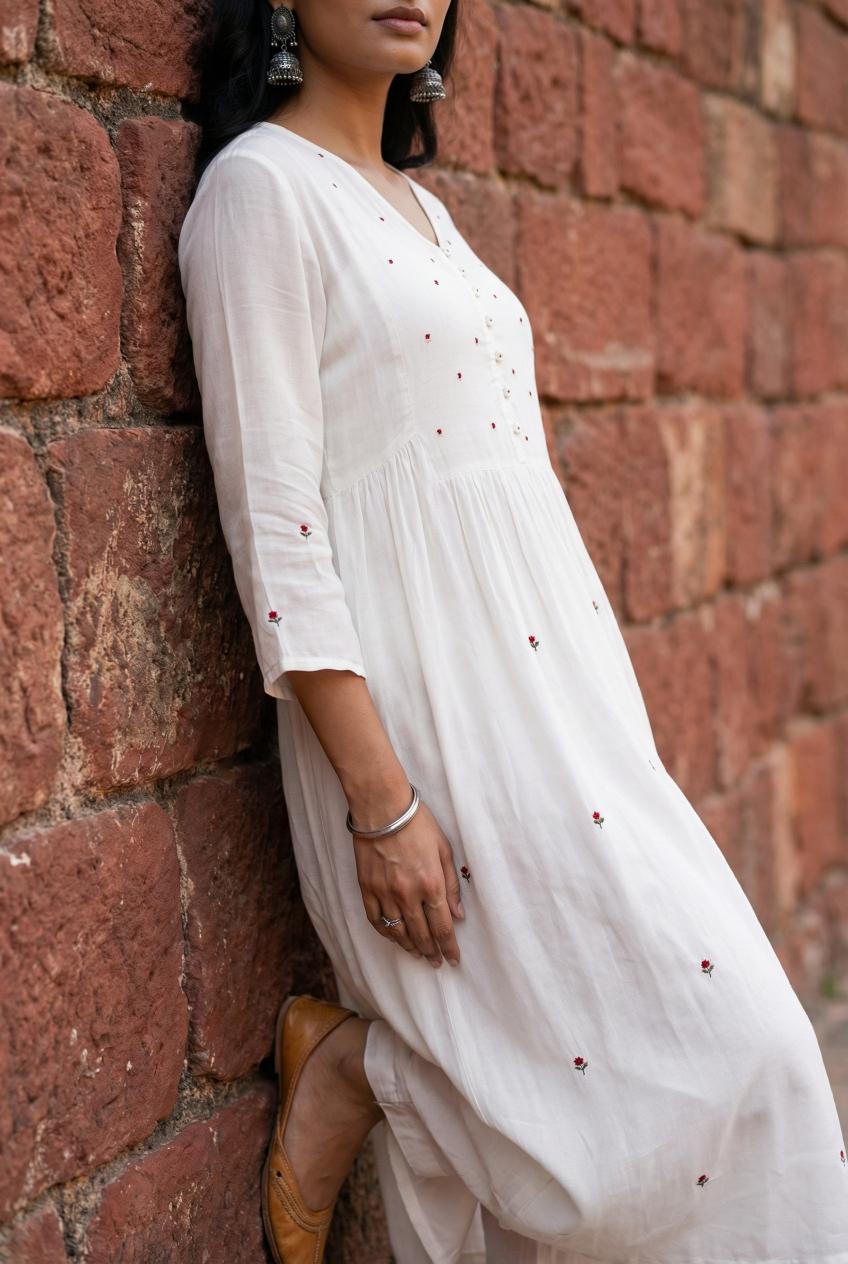 Off White V-Neck Solid Kurta Set For Women
