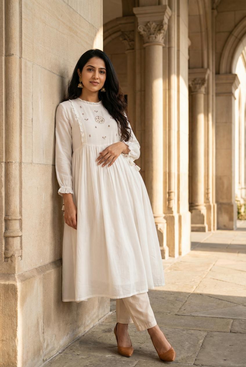 White Round Neck Floral Embroidered Kurta Set For Women