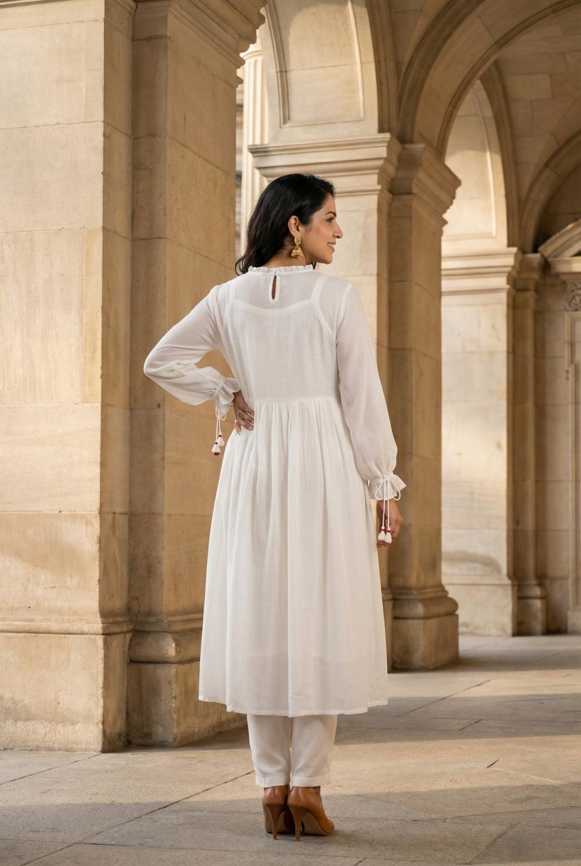 White Round Neck Floral Embroidered Kurta Set For Women