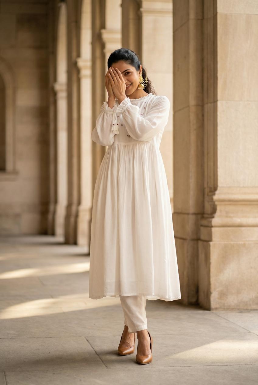 White Round Neck Floral Embroidered Kurta Set For Women