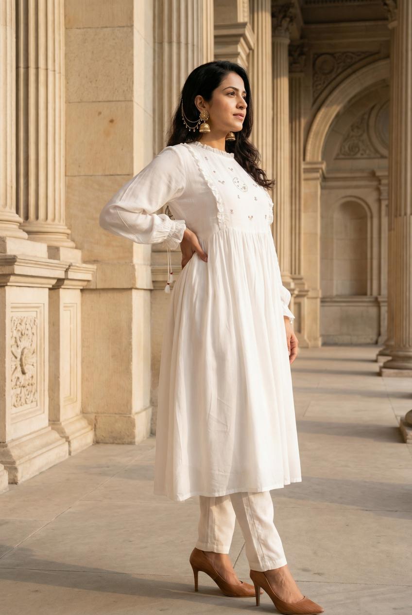 White Round Neck Floral Embroidered Kurta Set For Women