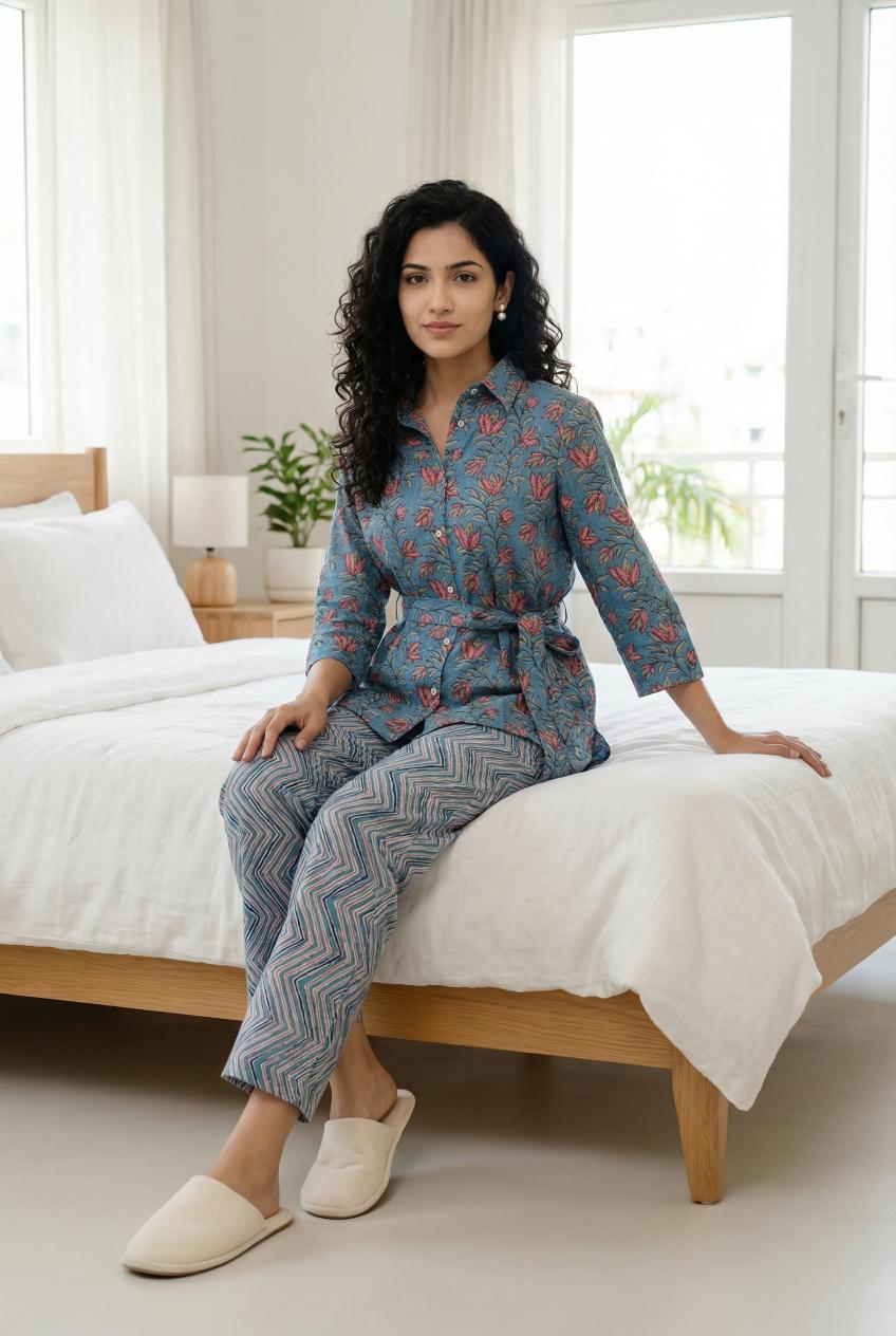 Blue Floral Print Shirt Collar Pure Cotton Top Trousers Set
