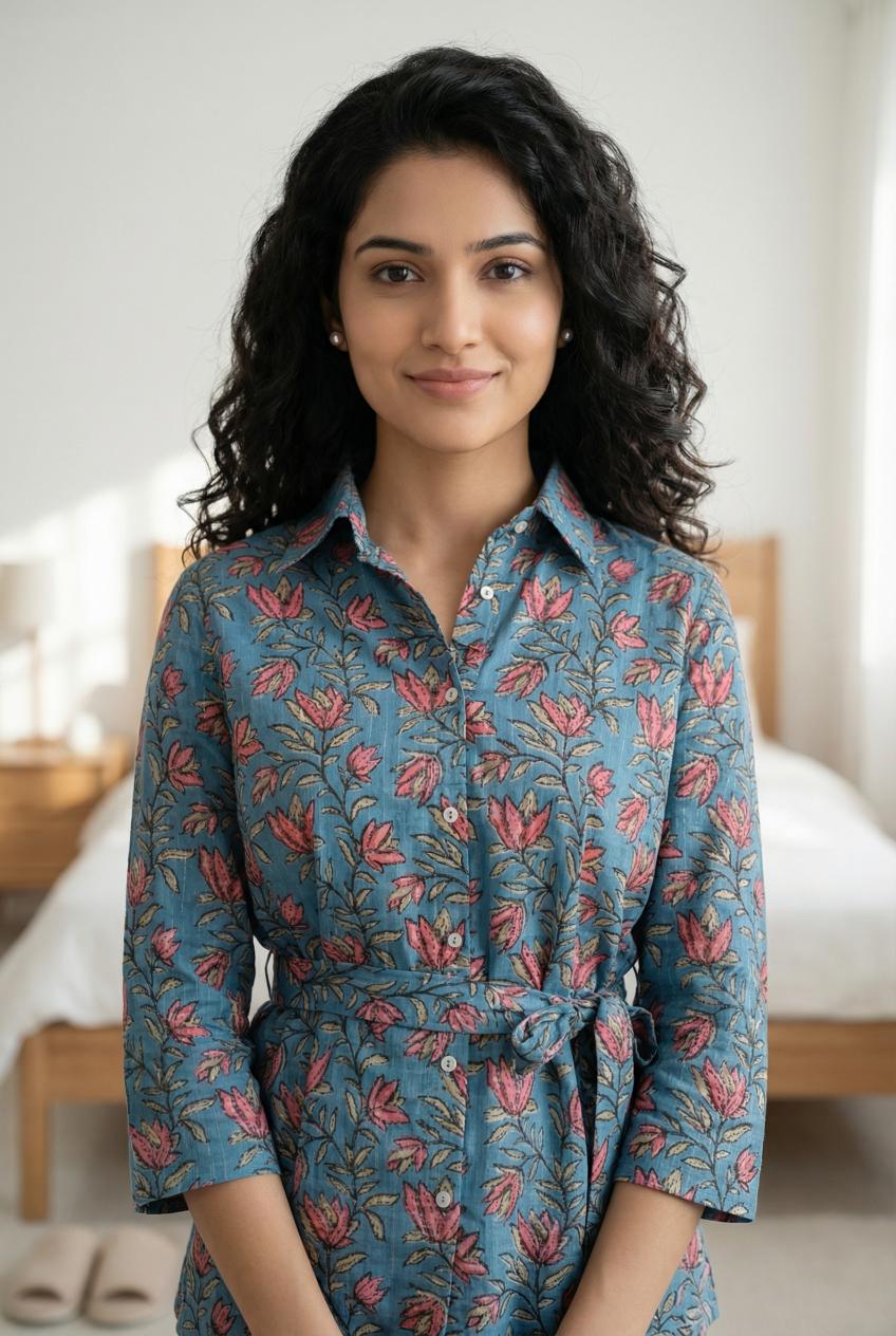 Blue Floral Print Shirt Collar Pure Cotton Top Trousers Set