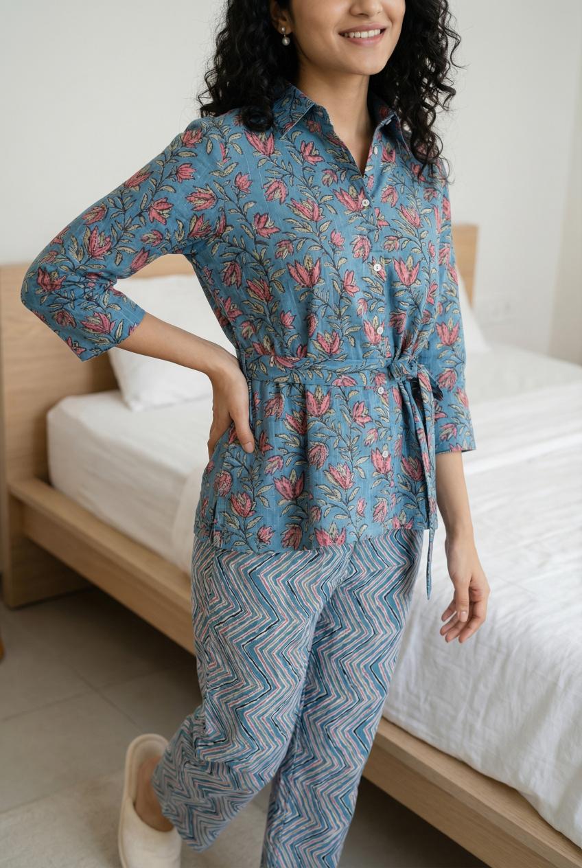 Blue Floral Print Shirt Collar Pure Cotton Top Trousers Set
