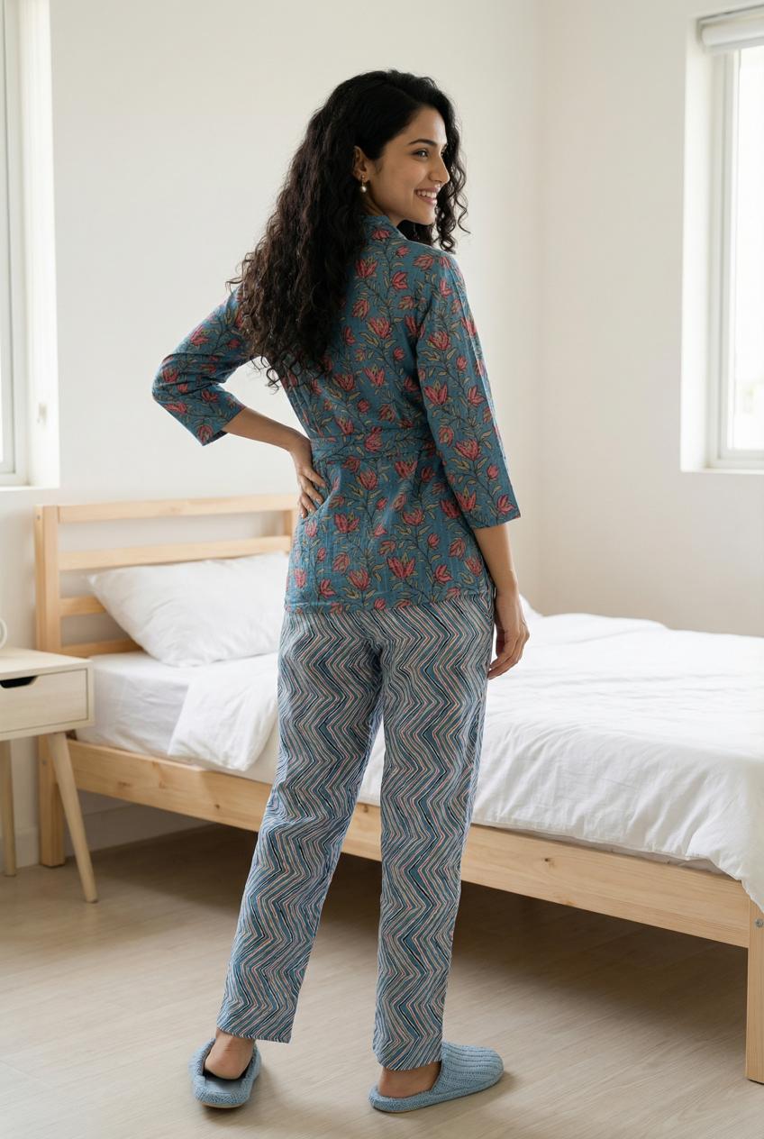 Blue Floral Print Shirt Collar Pure Cotton Top Trousers Set