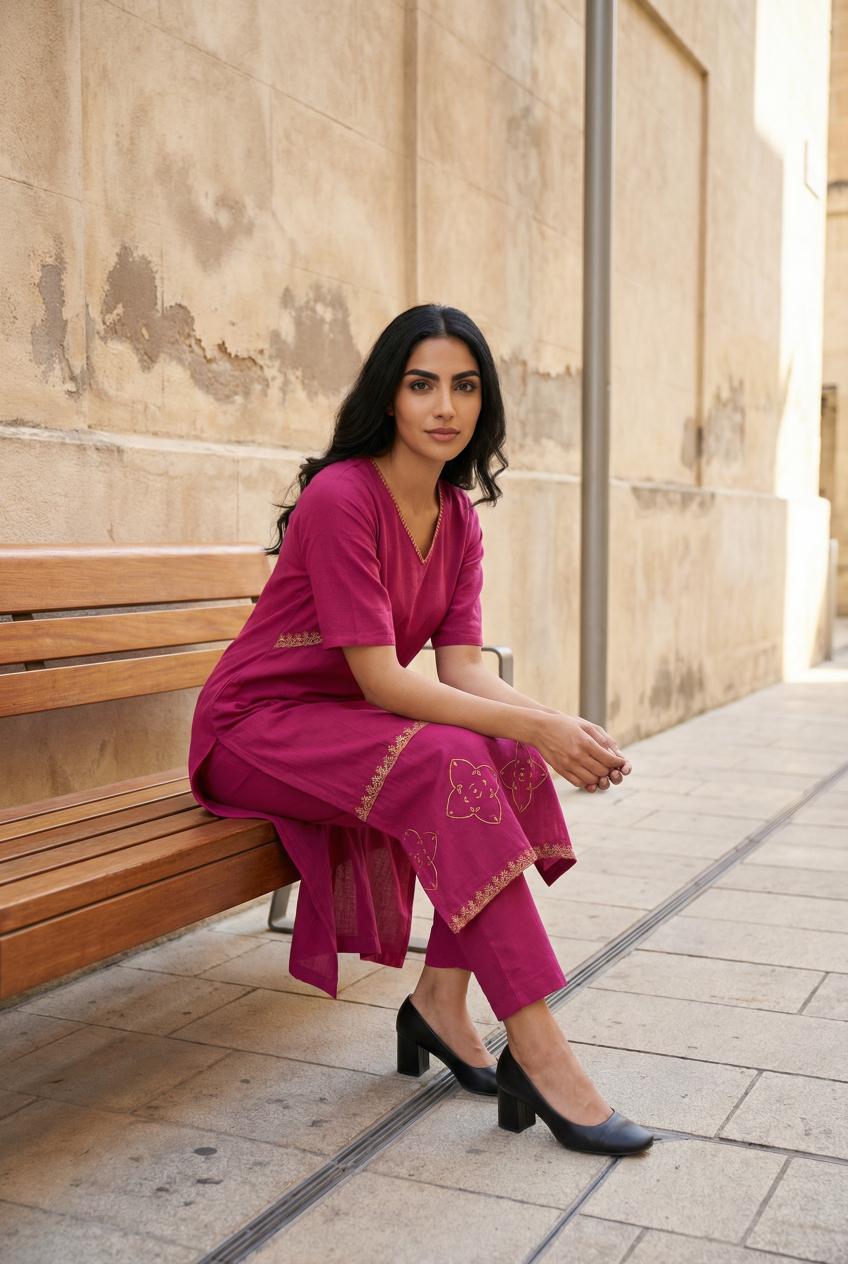 Pink V-Neck Pure Cotton Kurta Set For Women