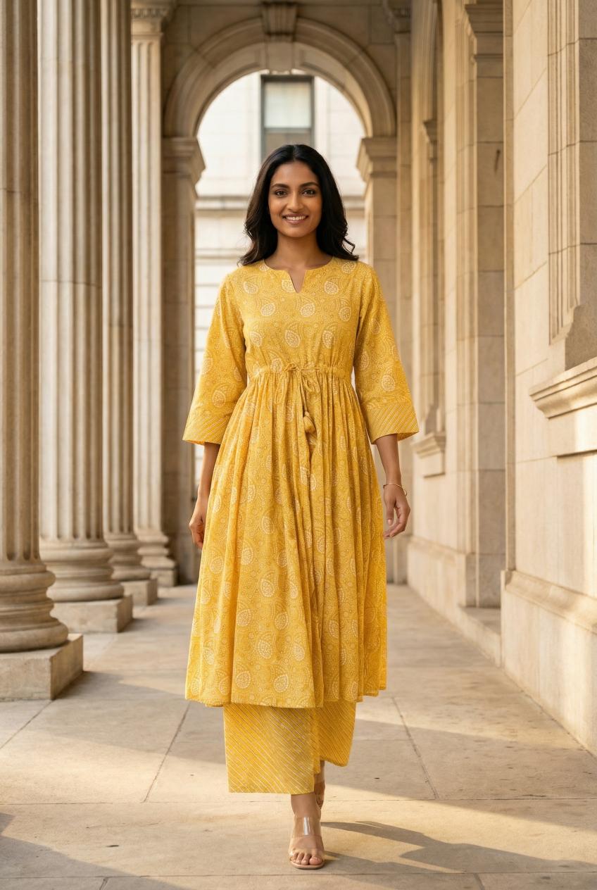 Yellow Ethnic Motifs Printed Pure Cotton Kurta Set For Women