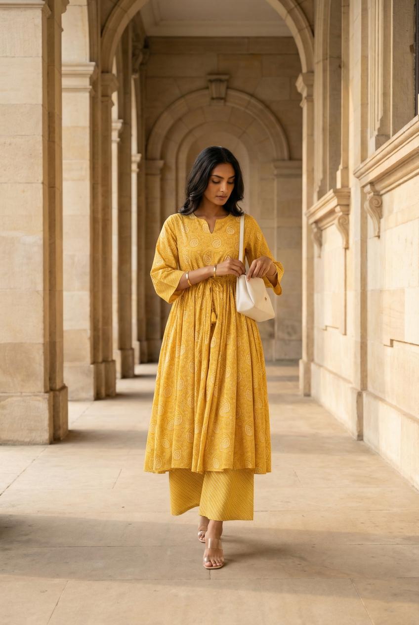 Yellow Ethnic Motifs Printed Pure Cotton Kurta Set For Women