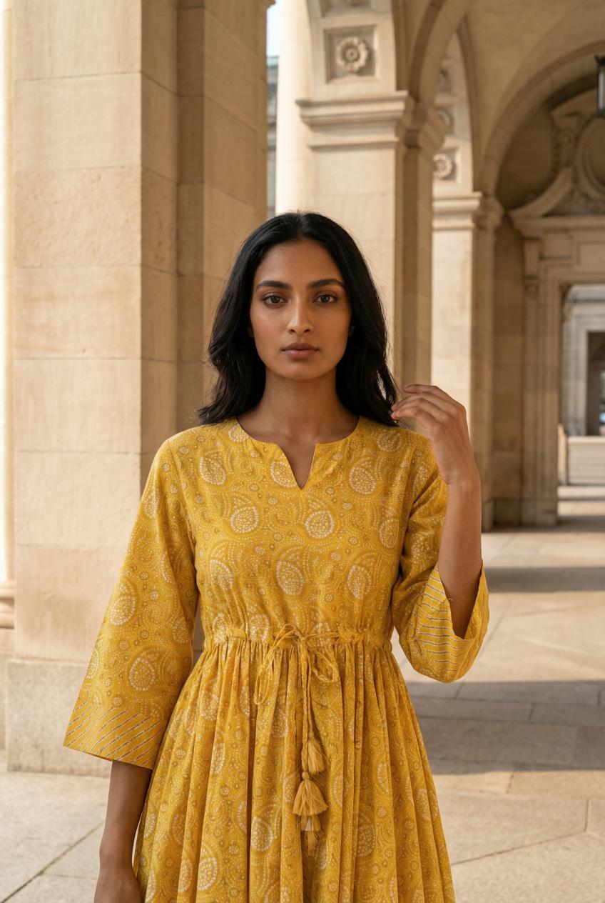 Yellow Ethnic Motifs Printed Pure Cotton Kurta Set For Women