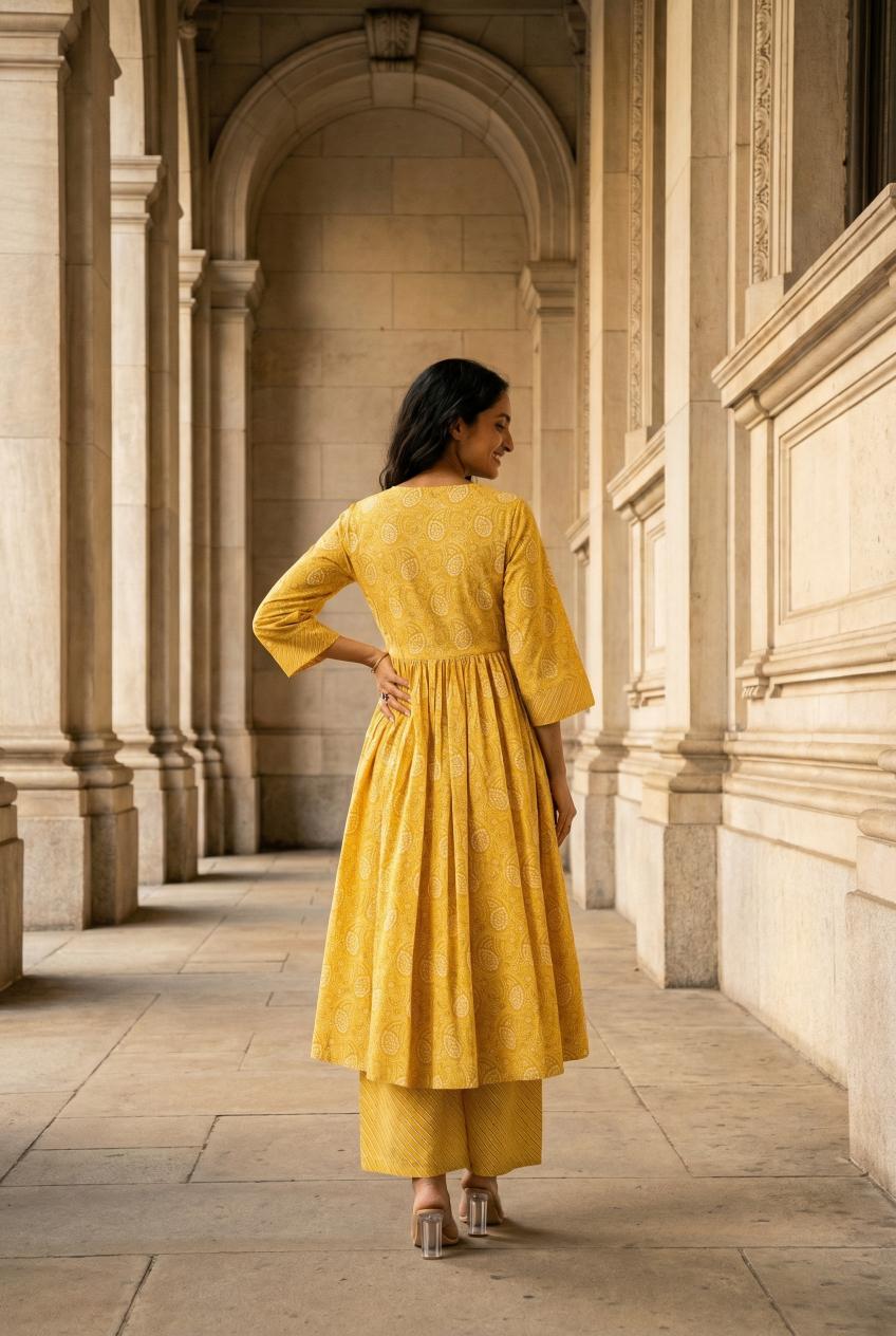 Yellow Ethnic Motifs Printed Pure Cotton Kurta Set For Women