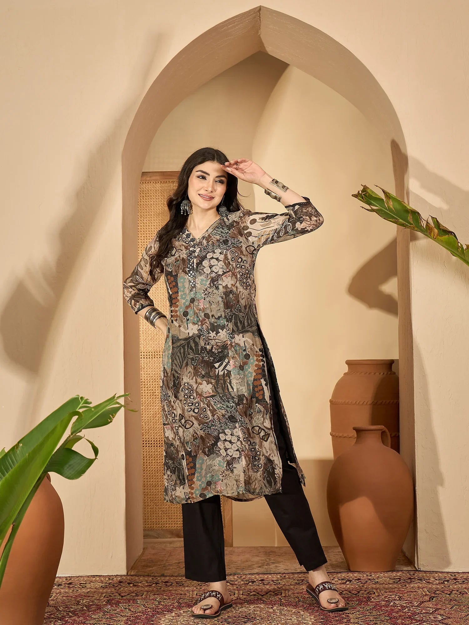 Grey Printed Mandarin Collar Pure Cotton Kurta Set for Women - SanskrutiHomes
