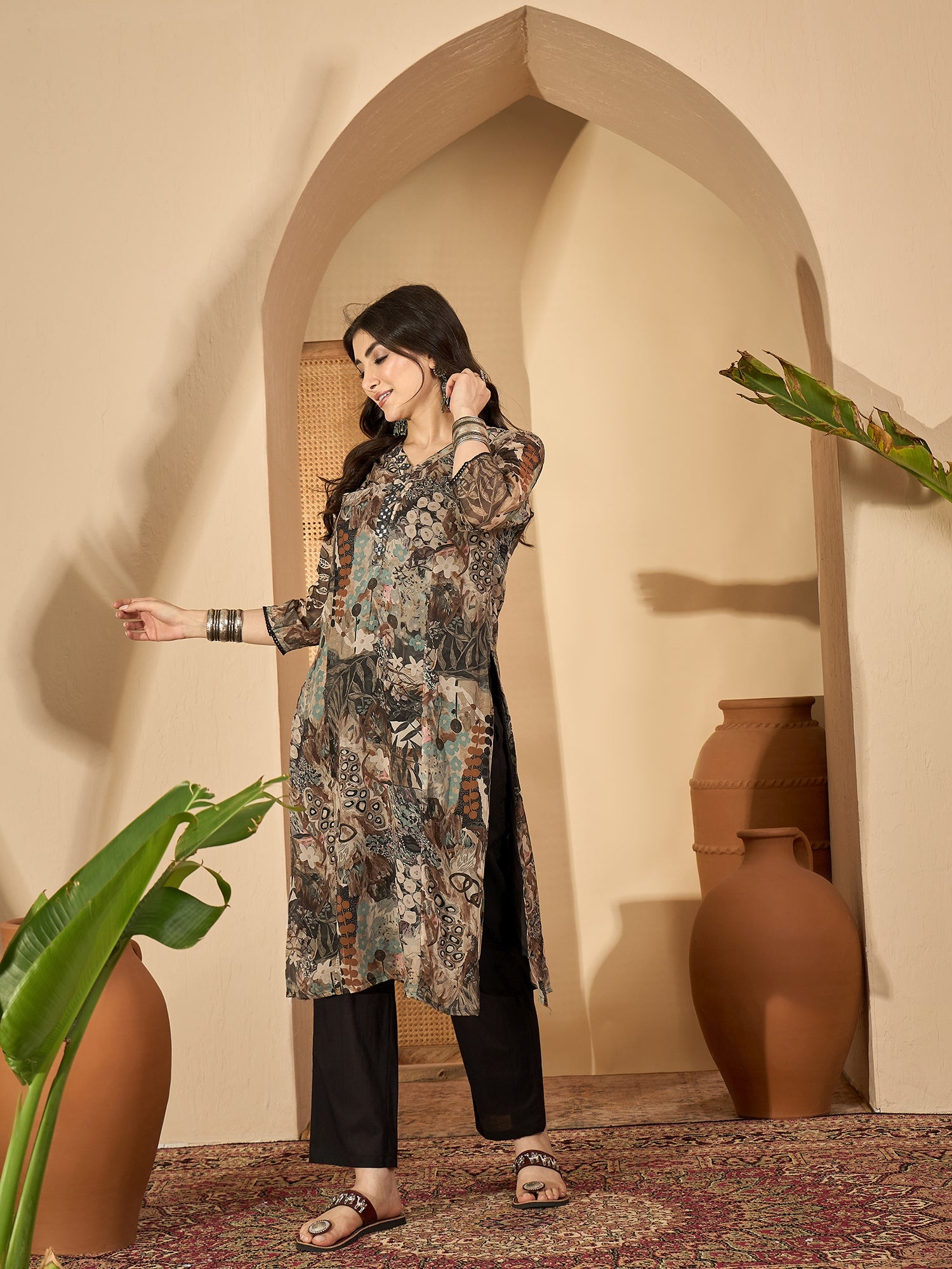Grey Printed Mandarin Collar Pure Cotton Kurta Set for Women