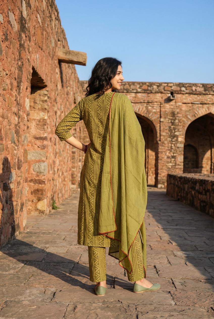 Green V-Neck Geometric Print Kurta Set For Women