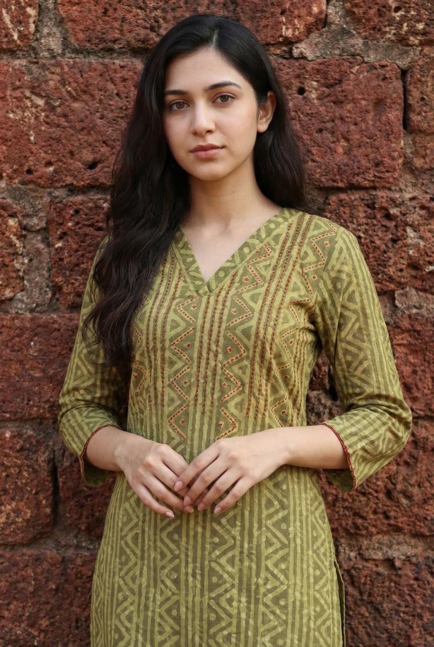 Green V-Neck Geometric Print Kurta Set For Women