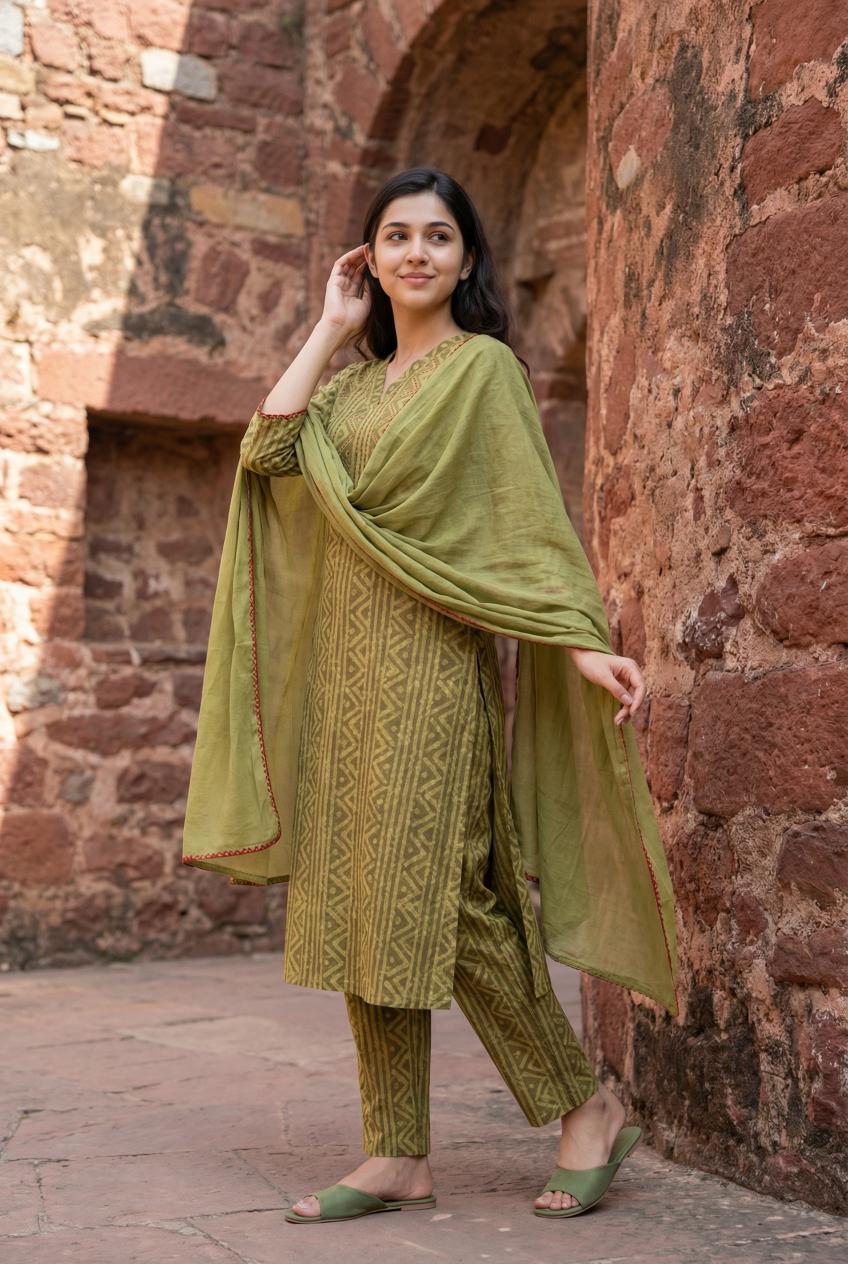 Green V-Neck Geometric Print Kurta Set For Women