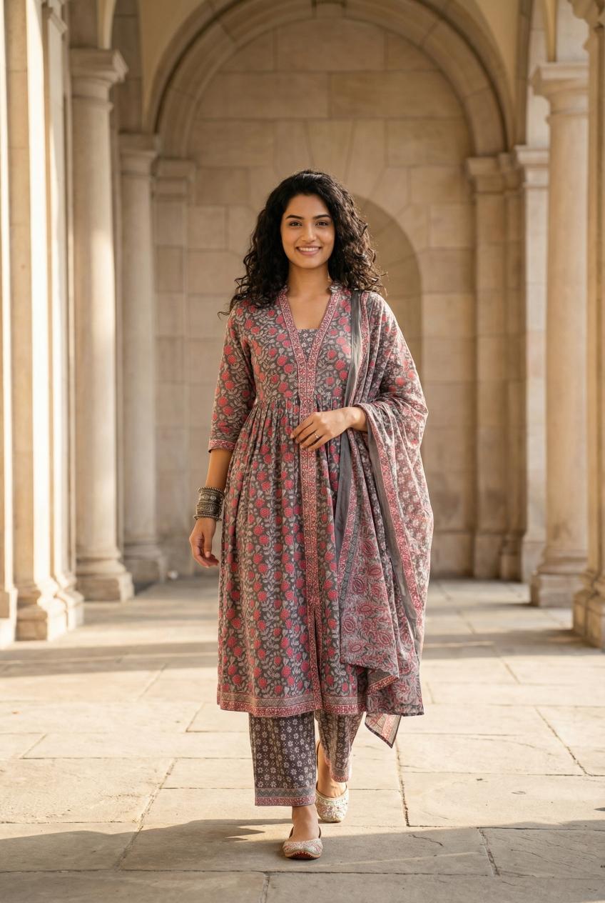 Green Floral Printed Pure Cotton A-Line Kurta With Trousers & Dupatta