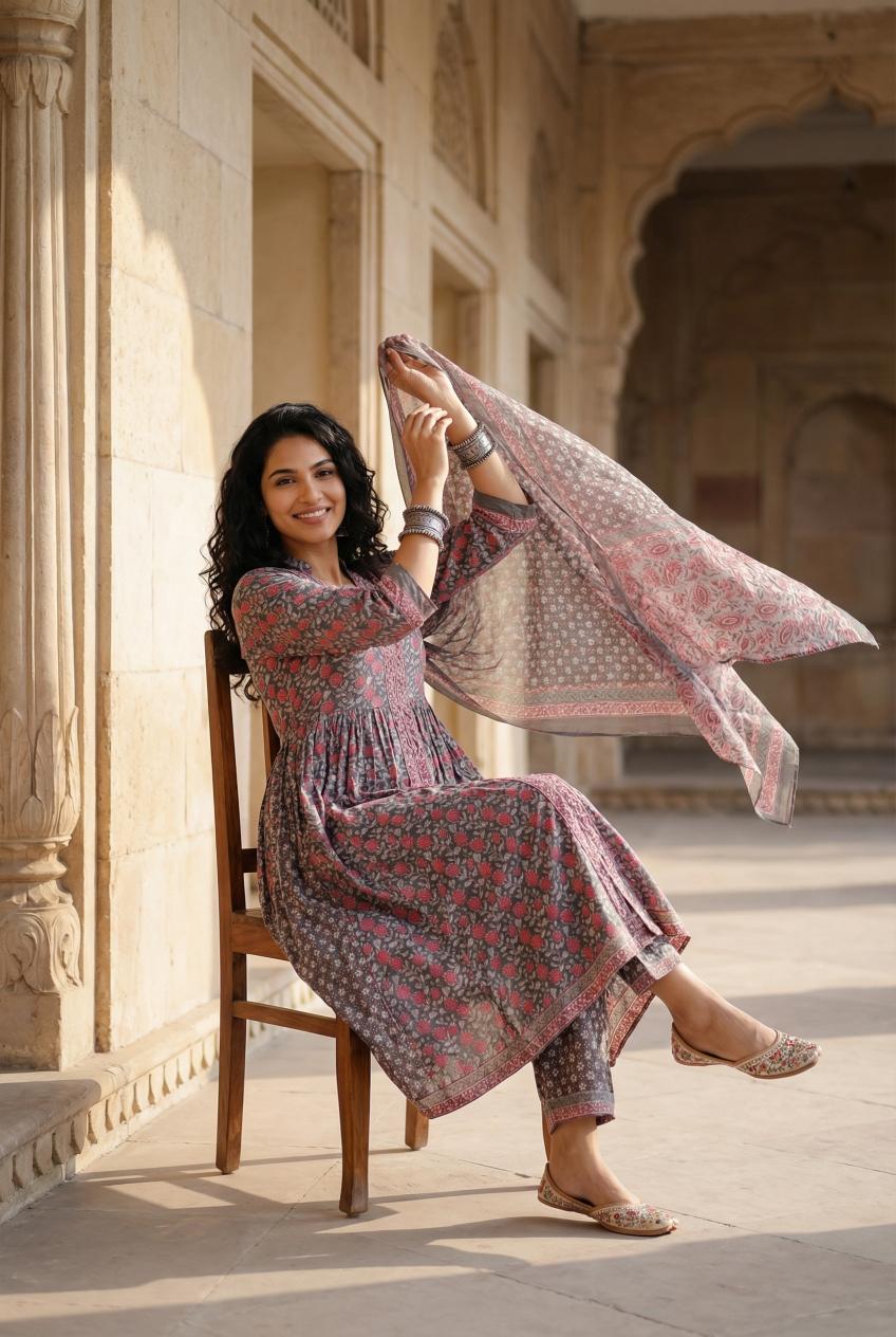 Green Floral Printed Pure Cotton A-Line Kurta With Trousers & Dupatta