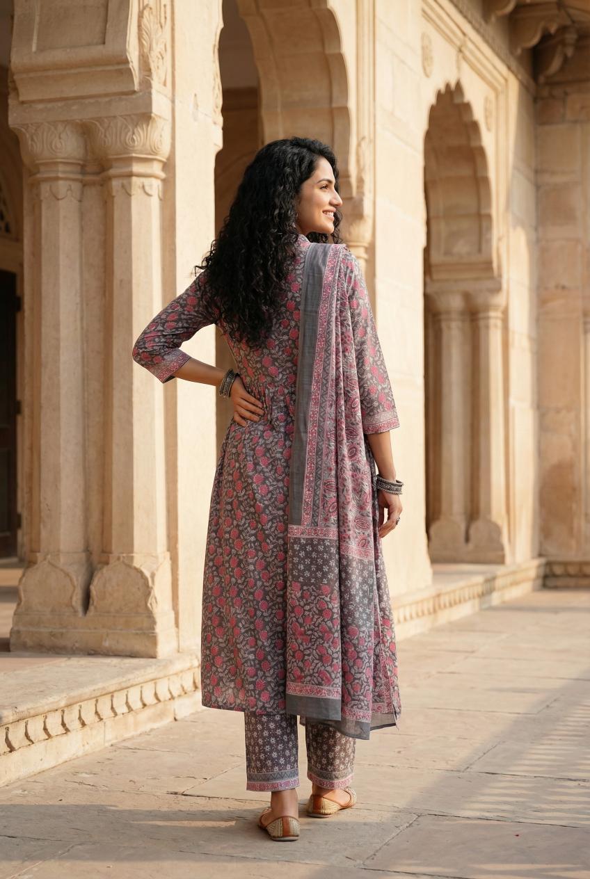 Green Floral Printed Pure Cotton A-Line Kurta With Trousers & Dupatta