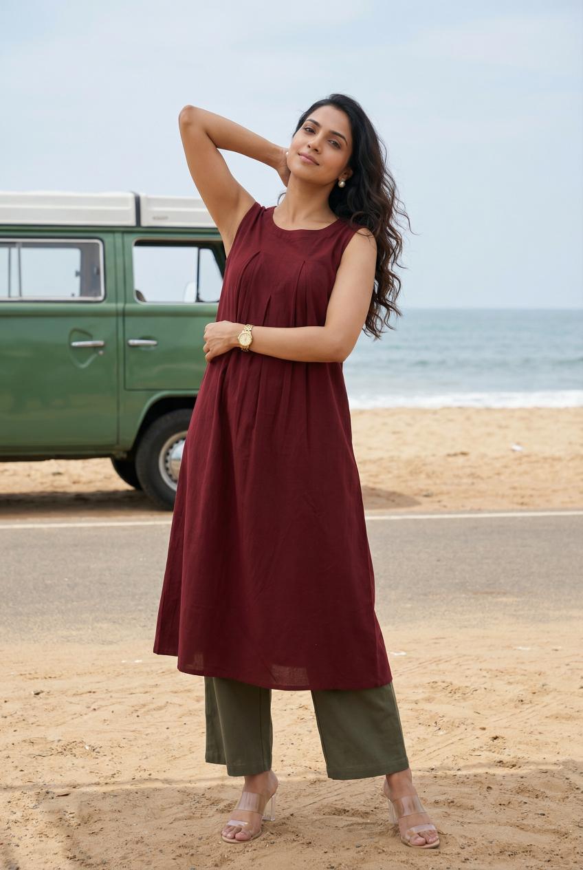 Maroon Round Neck Pure Cotton A-Line Kurta Set For Women