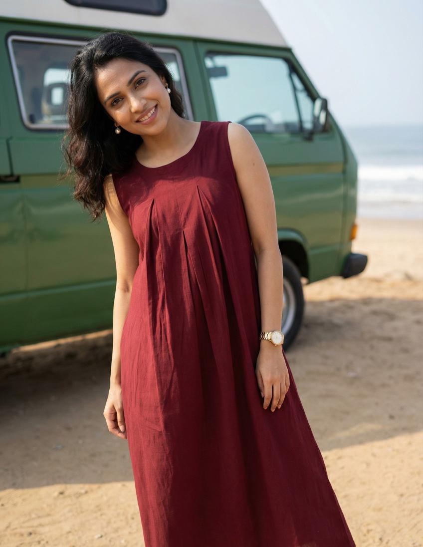 Maroon Round Neck Pure Cotton A-Line Kurta Set For Women