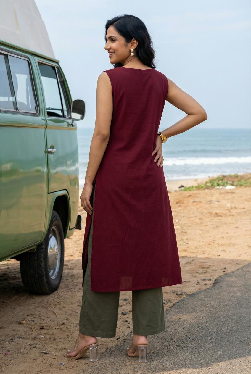 Maroon Round Neck Pure Cotton A-Line Kurta Set For Women